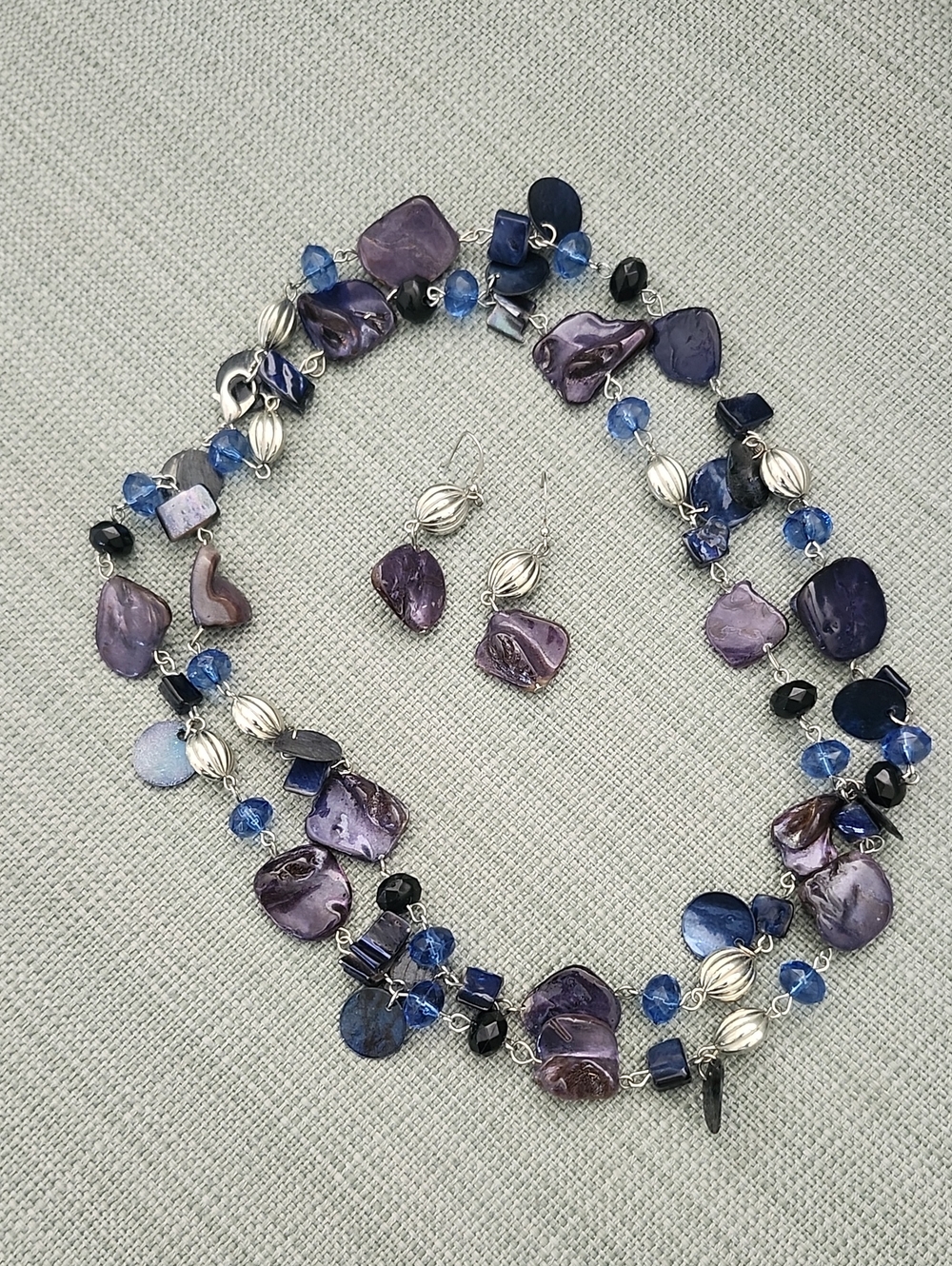 Handmade Purple & Blue Shell Bead Necklace and Earring Set